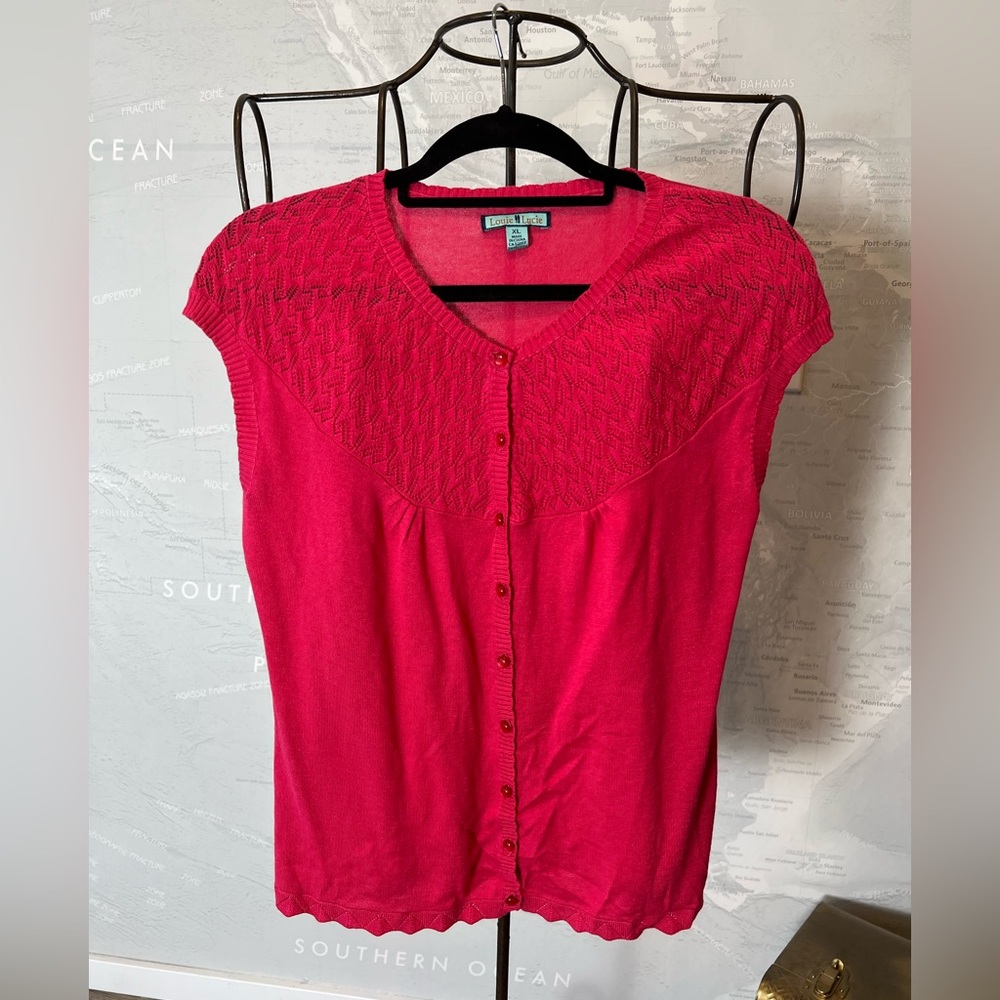 New Louie et Lucie hot pink short sleeve cardigan sweater button front XL